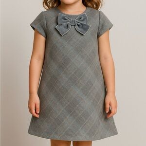 Confiture Girls' Gray Plaid Dress with Velvet Bow Detail (1099)